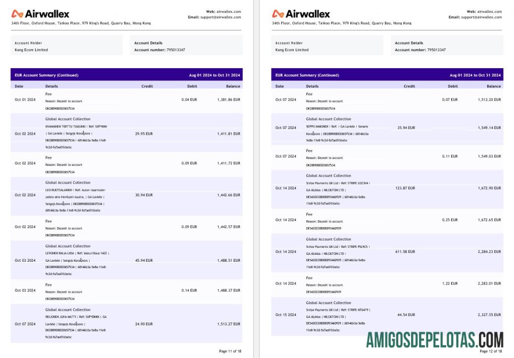 Extrato de conta limitado da Hong Kong Airwallex, modelo 18 páginas 6